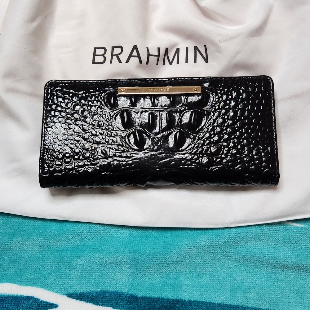 Brahmin Black Croc-Embossed Continental Wallet with Gold Bar
